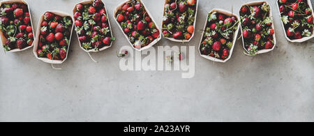 Frische Erdbeeren in Kunststoff - freie Boxen über grauer Hintergrund, breite Zusammensetzung Stockfoto