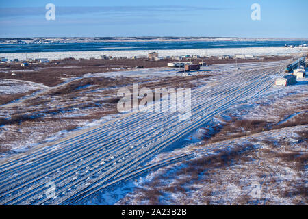 Stadt Churchill aus der Luft im frühen Winter, Churchill, Manitoba, Kanada Stockfoto