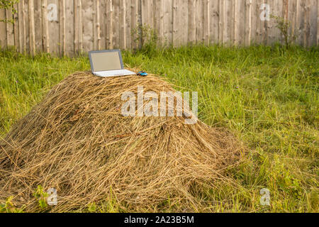 Laptop liegt auf einem Heuhaufen auf dem Hintergrund Holzzaun im Freien Stockfoto