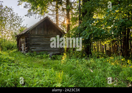 Alten rustikalen Sauna unter den Bäumen und Pflanzen ein Sommerabend in Russland Stockfoto