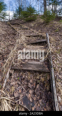 Vertikale panorama Blick auf eine alte hölzerne Treppe, die den Hügel unter dem Gras Stockfoto