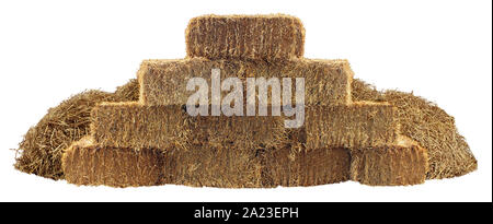 Heu element Stapel als Stapel gebündelt und Band haystack Gruppe auf einem weißen Hintergrund als Landwirtschaft Agrar Landwirtschaft und Symbol der Ernte isoliert. Stockfoto
