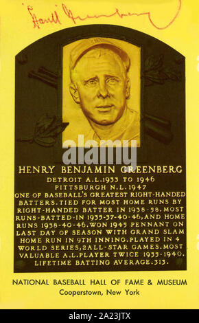 National Baseball Hall of Fame autographierte souvenir Postkarte, die Plaque von Hank Greenberg. Stockfoto
