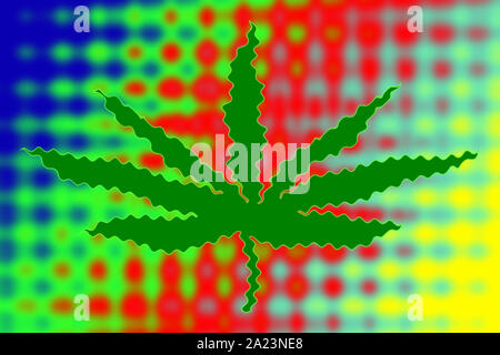 Eine bunte psychedelische Hintergrund mit einem grünen Cannabis leaf Design Stockfoto