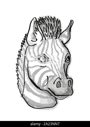 Retro Cartoon Stil Zeichnung Kopf eines Zebras von vorne gesehen auf isolierten weißen Hintergrund in Schwarz und Weiß gemacht Stockfoto