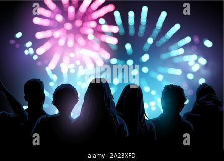 Eine große Masse von Menschen zu beobachten und genießen ein Feuerwerk Veranstaltung. Vector Illustration. Stock Vektor