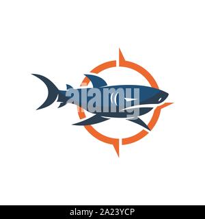 Shark Kompass Logo Design Vector isoliert Abbildung: Vorlage Stock Vektor