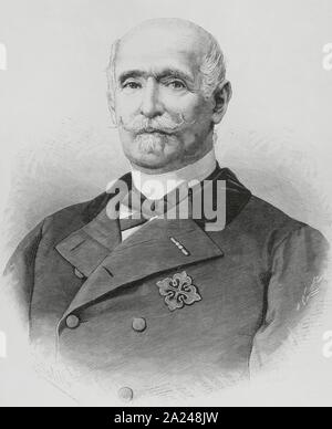 Francisco Javier Arias Dávila y Matheu (1812-1890). XIII Conde de Puñonrostro y IX Marqués de Maenza. Militar y político Español. Dibujo por Badillo. Grabado por Arturo Carretero. La Ilustración Española y Americana, 15 de Oct de 1884. Stockfoto