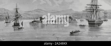 España. Galizien. Estado de Pontevedra. Vigo. Ría de Vigo. Vista allgemeine del Lazareto de San Simón (Krankenhaus aislado para el biologische Behandlung de enfermedades infecciosas) ubicado en el Archipiélago de San Simón, formado por la Isla de San Simón y San Antón, unidas por un Puente. Imagen tomada Desde la Bahía. Dibujo por Monleón. Grabado por Bernardo Rico (1825-1894). La Ilustración Española y Americana, 8 de Agosto de 1884. Stockfoto