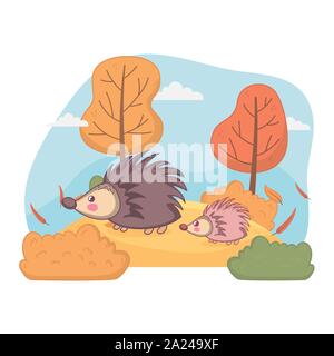 Niedlich Familie igel Laub hallo Herbst Vector Illustration Stock Vektor