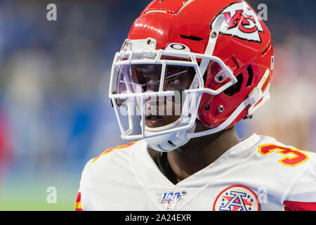 DETROIT, MI - 29. SEPTEMBER: Kansas City Chiefs RB Darwin Thompson (34) vor der NFL Spiel zwischen Kansas City Chiefs und Detroit Lions am 29 September, 2019 im Ford Field in Detroit, MI (Foto von Allan Dranberg/Cal Sport Media) Stockfoto