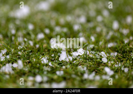 Extremes Wetter Hagel mit selektiven Fokus auf dem Boden in South Australia am 18. August 2019 Stockfoto