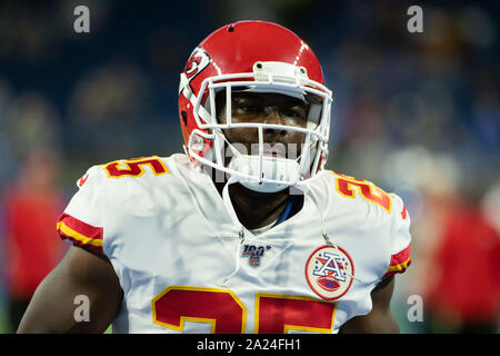 DETROIT, MI - 29. SEPTEMBER: Kansas City Chiefs RB LeSean McCoy (25) Während der NFL Spiel zwischen Kansas City Chiefs und Detroit Lions am 29 September, 2019 im Ford Field in Detroit, MI (Foto von Allan Dranberg/Cal Sport Media) Stockfoto