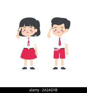 Indonesische Volksschule einheitliche Kinder begrüssen Cartoon Vektor Stock Vektor