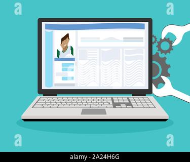 Ein Computer, der durch einen Virus beschädigt ist, reparieren. Vector Illustration. Stock Vektor