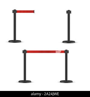 Gurtabroller stanchion eingestellt. Tragbare ribbon Barriere. Rot gestreifte Gefahr fechten Band. Stock Vektor