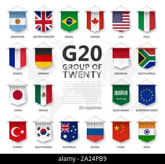 G 20. Gruppe von 20 Ländern und Mitgliedschaft Flagge. Internationale Vereinigung der Regierung econimic und finanziellen. 3D realistische Wimpel aufhängen el Stock Vektor