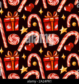 Nahtlose Muster mit Weihnachten Süßigkeiten. Caramel Zuckerrohr, Süßigkeiten, gold Sterne, roten Schachteln mit goldenen Bändern auf einem dunklen braunen Hintergrund. Stockfoto
