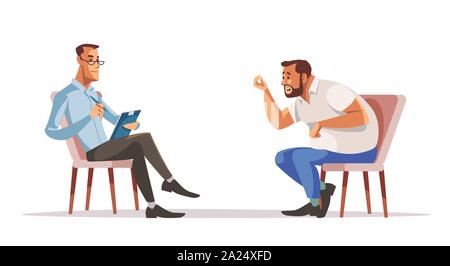 Rezeption der Psychotherapeut. Geschäftsmann und Psychologe. Man sitzt auf der Couch und im Gespräch mit dem Psychologen, während Arzt Notizen zu machen ist Stock Vektor