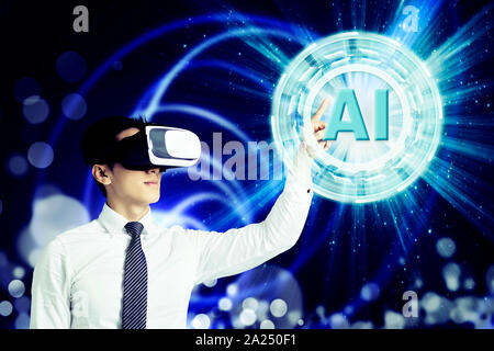 Unternehmer im VR-Brille und zeigen auf glühenden digitale Künstliche Intelligenz KI-Technologie Stockfoto