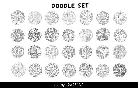 Satz von doodles. Hand gezeichneten Symbole. Große Sammlung von round Badges mit verschiedenen Objekten. Travel, Lifestyle, Essen, Bildung Themen. Vector schwarz und w Stock Vektor