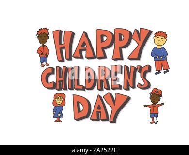 Happy Tag der Kinder Text mit Zeichen. Vektor Hand gezeichnet illustartion Emblem. Stock Vektor