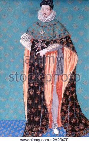 Malerei; französische Schule 1610-1620. Porträt von König Henri de Valois. Henry III (1551-1589; König des polnisch-litauischen Commonwealth von 1573 bis 1575 und der König von Frankreich von 1574 bis zu seinem Tod. Er war der letzte französische Monarch aus dem Haus Valois. Stockfoto
