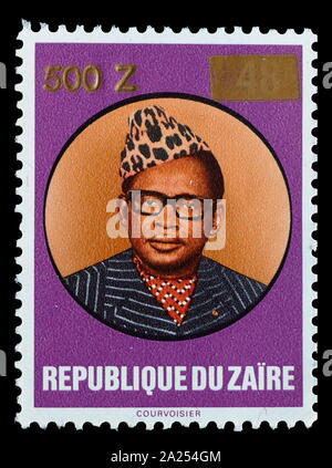 Briefmarke mit Mobutu Sese Seko, (born Joseph-Désiré Mobutu; 1930 - 1997). Militärdiktator und Präsident der Demokratischen Republik Kongo, Mobutu in Zaire Umbenannt 1971) von 1965 bis 1997 Stockfoto