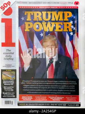 Titelseite Überschrift der britischen Zeitung 'The I", 10. November 2016. Trump macht. Stockfoto