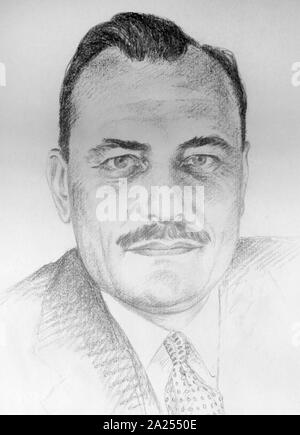 Bleistift Portrait von John Enoch Powell (1912-1998), britischer Politiker, klassischer Gelehrter und Dichter. Er diente als ein konservatives Mitglied des Europäischen Parlaments (MP, 1950-74), Ulster Unionist Party (Uup) MP (1974-87), und dem Minister für Gesundheit (1960-63). Von J J Hilbert. Stockfoto