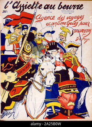 Französische satirische Illustration, 1908, Anzeigen, einschließlich der europäischen Monarchen König Alfons XIII. von Spanien, Ferdinand I. von Bulgarien, König Edward VIII. von Großbritannien und von Kaiser Wilhelm II. von Deutschland Stockfoto