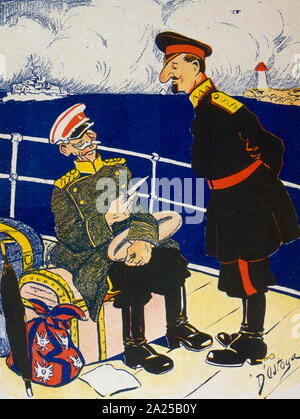 Französische satirische Illustration, 1908, Vertretung, sitzt Peter ich König von Serbien (1903-1918), links Stockfoto