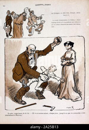 Französische satirische Illustration, 1909, mit, Kind physisch in einer Justizvollzugsanstalt bestraft. (Oben mit Bart links) Georges Marie René Picot; französische Jurist und Historiker. Stockfoto