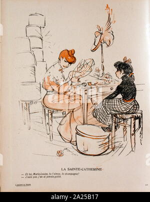 Französische satirische Illustration, 1909, Anzeigen, eine Frau und ein Mädchen in einem hutgeschäft Stockfoto