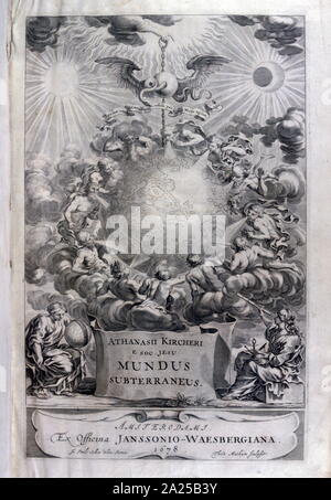 Abbildung von 'Mundus Subterraneus" von Athanasius Kircher (1602-1680), deutscher Jesuit Scholar und Universalgelehrten, die rund 40 wichtigsten Werke veröffentlicht. Seine geologischen und geographischen Untersuchungen gipfelten in seinem Mundus Subterraneus von 1664, in denen er vorschlug, dass die Gezeiten durch bewegtes Wasser zu und von einem unterirdischen Ozean verursacht wurden. Stockfoto