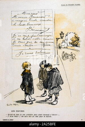 Französische satirische Illustration, Kinder, die auf dem Weg zur Schule. 1908 Stockfoto