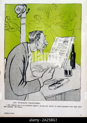 Französische satirische Abbildung, die einen armen Mann eine Zeitung lesen in einem Cafe Stockfoto