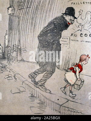 Französische satirische Illustration, mit der Darstellung eines Menschen die Begegnung mit einem Mädchen auf einem Spaziergang in eine Straße. 1907 Stockfoto