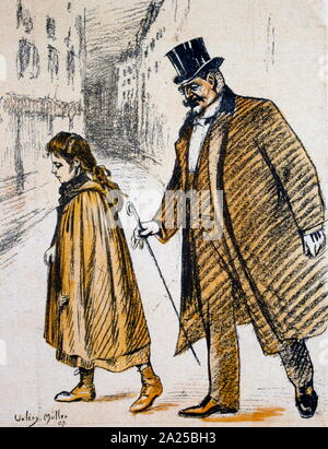 Französische satirische Abbildung, zeigt einen Mann accosting ein Mädchen auf einem Spaziergang in einer Straße. 1907 Stockfoto