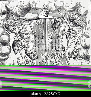 Holzschnitt Kupferstich mit der Darstellung der Kometen von 1528, beschrieben durch Ambroise Paré als wie ein Arm mit einem Säbel, dessen Punkt durch drei Sterne umgeben war. Es schien auch viele Blut-farbigen Schwerter und Dolche und schreckliche menschliche Gesichter. Ambroise Paré (1510-1590), einem französischen Friseur Chirurg, der in dieser Rolle für die Könige Heinrich II., Franz II., Karl IX. und Heinrich III. serviert. Vom 16. Jahrhundert Stockfoto