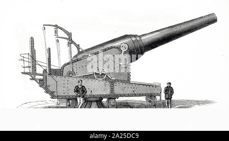 Gravur, das eine Armstrong gun eine einzigartige Art der gezogenen Hinterteil - Laden von Feld und schwere Waffe entworfen von Sir William Armstrong. Sir William Armstrong (1810-1900), einem englischen Industriellen. Vom 19. Jahrhundert Stockfoto