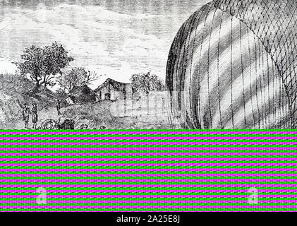 Gravur, Jacques Charles und die Brüder Robert in seinem Wasserstoff gefüllte Ballon. Jacques Charles (1746-1823), ein französischer Erfinder, Wissenschaftler, Mathematiker, und Ballonfahrer. Vom 19. Jahrhundert Stockfoto