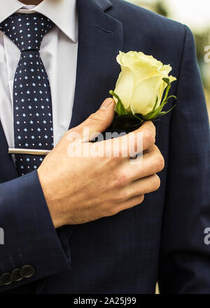 Der Bräutigam Knopflochblume passt seine Hand in die Jackentasche closeup Stockfoto