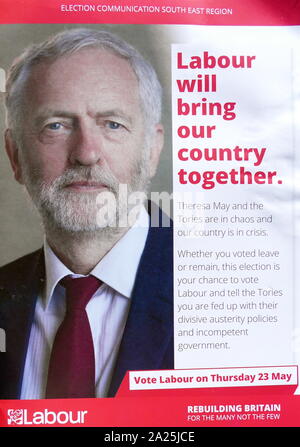 Jeremy Corbyn; Britischer Führer der Labour Party und Führer der Opposition seit 2015 erscheint auf einer Wahl Merkblatt für die Wahlen zum Europäischen Parlament im Mai 2019 Stockfoto