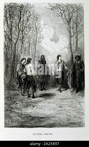 Illustrationen von Gustave Dore für "Le Capitaine Fracasse" von Pierre Théophile Gautier (1811-1872) französischer Schriftsteller, Dichter, Maler, Kunstkritiker. Gautier war ein Verteidiger der Romantik, Gautier Arbeit ist schwer zu klassifizieren und bleibt ein Bezugspunkt für viele spätere literarische Traditionen wie Parnassianism, Symbolik, der Dekadenz und der Moderne. Kapitän Fracasse (Le Capitaine Fracasse) ist ein Roman von 1863 der französische Schriftsteller Théophile Gautier. Es ist ein Abenteuer Roman im siebzehnten Jahrhundert. Stockfoto