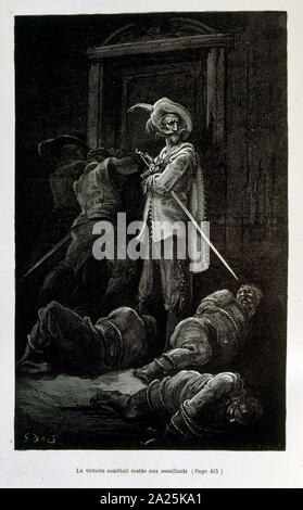 Illustrationen von Gustave Dore für "Le Capitaine Fracasse" von Pierre Théophile Gautier (1811-1872) französischer Schriftsteller, Dichter, Maler, Kunstkritiker. Gautier war ein Verteidiger der Romantik, Gautier Arbeit ist schwer zu klassifizieren und bleibt ein Bezugspunkt für viele spätere literarische Traditionen wie Parnassianism, Symbolik, der Dekadenz und der Moderne. Kapitän Fracasse (Le Capitaine Fracasse) ist ein Roman von 1863 der französische Schriftsteller Théophile Gautier. Es ist ein Abenteuer Roman im siebzehnten Jahrhundert. Stockfoto