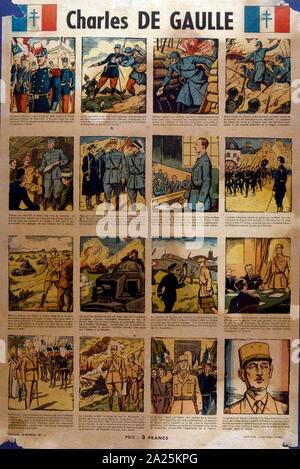 Cartoon 1944 Serie (Comic) aus dem Leben von General Charles de Gaulle, Kommandant der Freien französischen Streitkräfte und Leiter des Freien Frankreich, während des Zweiten Weltkriegs. später Präsident von Frankreich Stockfoto