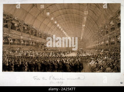 Abbildung: Darstellung der International Exposition von 1867 (Exposition Universelle d'Art et l'Industrie), war die zweite Weltausstellung in Paris vom 1. April bis zum 3. November 1867 stattfinden wird. 42 Nationen waren auf der Messe vertreten. Nach einem Dekret von Kaiser Napoleon III., die Ausstellung wurde bereits im Jahr 1864 vorbereitet, in der Mitte der Renovierung von Paris, Kennzeichnung der Höhepunkt des zweiten französischen Kaiserreichs. Stockfoto