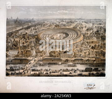 Abbildung: Darstellung der International Exposition von 1867 (Exposition Universelle d'Art et l'Industrie), war die zweite Weltausstellung in Paris vom 1. April bis zum 3. November 1867 stattfinden wird. 42 Nationen waren auf der Messe vertreten. Nach einem Dekret von Kaiser Napoleon III., die Ausstellung wurde bereits im Jahr 1864 vorbereitet, in der Mitte der Renovierung von Paris, Kennzeichnung der Höhepunkt des zweiten französischen Kaiserreichs. Stockfoto