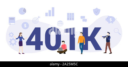 401k Versicherung Rente Konzept mit großen Word oder Text und Team Menschen mit modernen Flat Style-Vector Illustration Stockfoto